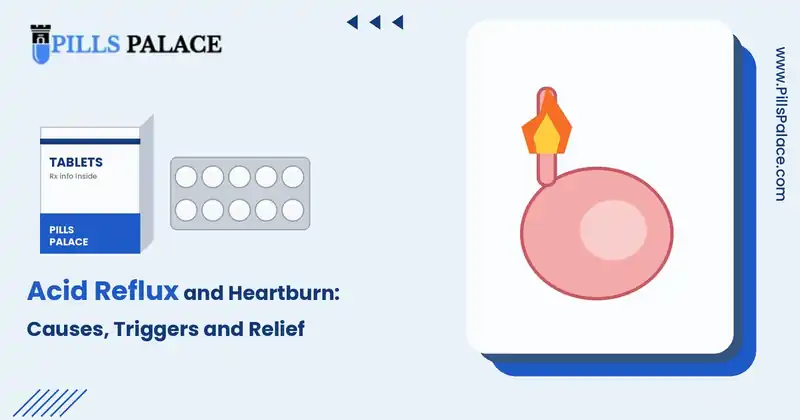 Acid reflux and heartburn: stomach with flame illustration, Pills Palace blog banner