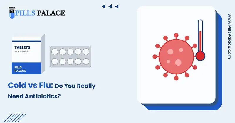 Cold vs flu: virus illustration with thermometer, Pills Palace blog banner