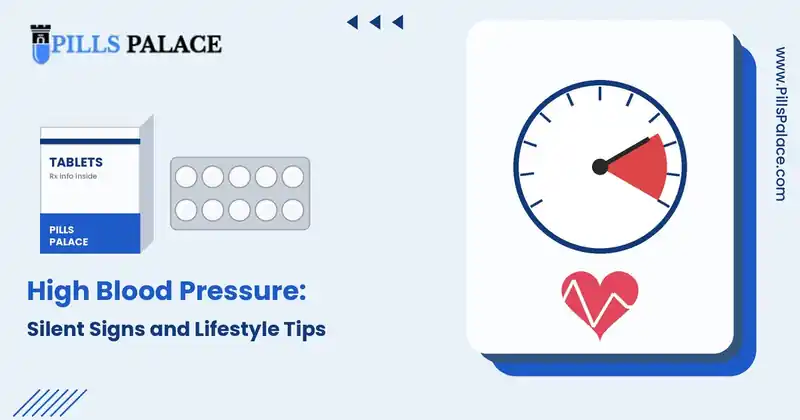 High blood pressure: blood pressure gauge and heart illustration, Pills Palace blog banner