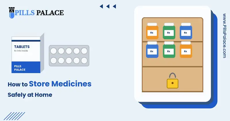 How to store medicines safely at home: medicine bottles on a locked shelf, Pills Palace blog banner