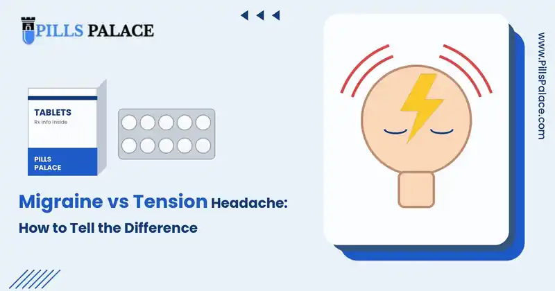 Migraine vs tension headache: head with lightning bolt illustration, Pills Palace blog banner