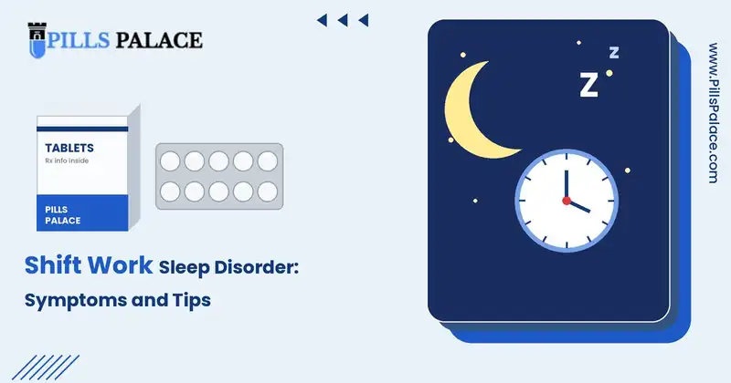 Shift work sleep disorder: moon and clock on a night sky, Pills Palace blog banner