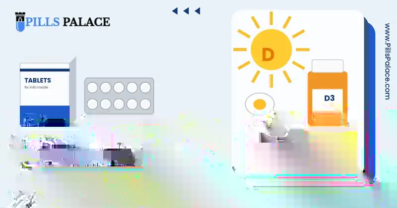 Vitamin D deficiency: sun, supplement bottle and capsules illustration, Pills Palace blog banner